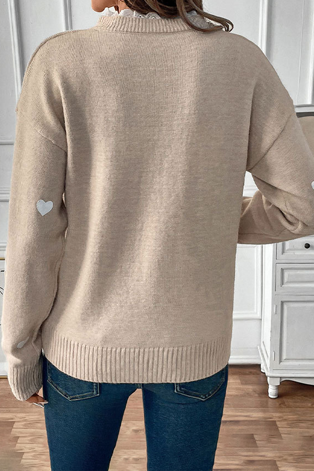 Heart Print Lace Splicing V Neck Valentines Sweater eAura