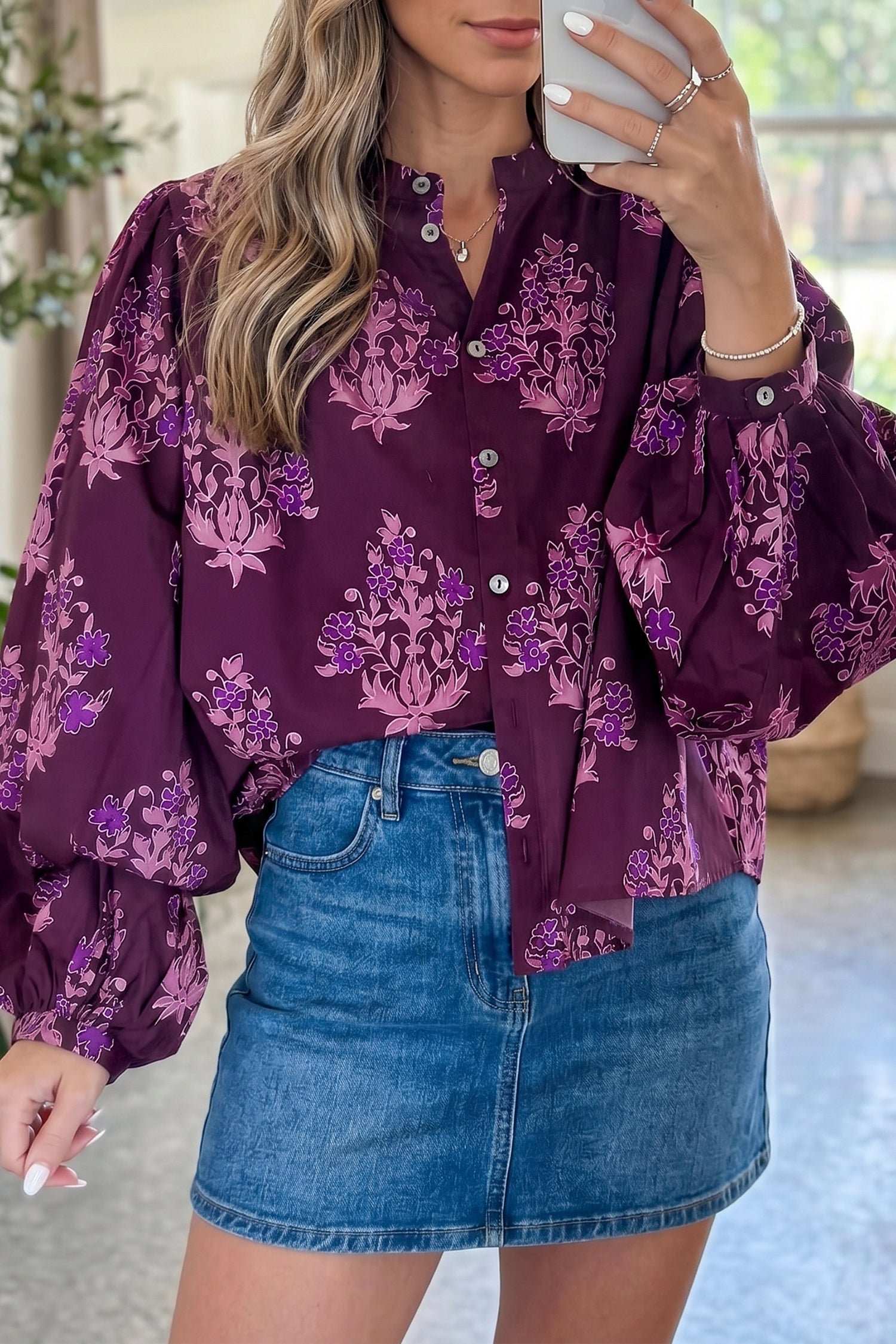 Floral Print Button Front Long Puff Sleeve Shirt – Purple