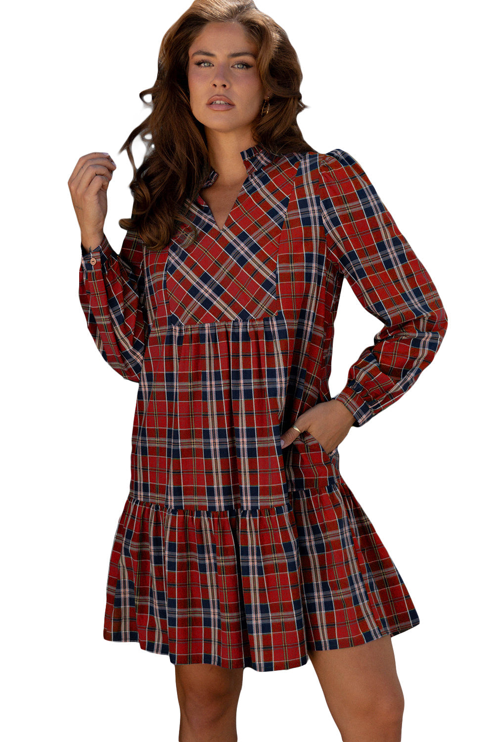 Plaid Print Frilly Collar Long Sleeve Shift Mini Dress - eAura