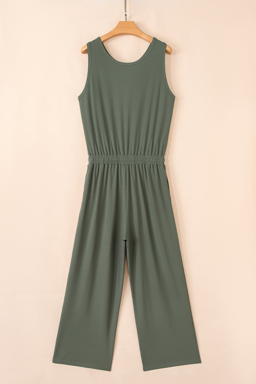 Vineyard Green Buttoned Drawstring Waist Sleeveless Wide Leg Jumpsuit eAura