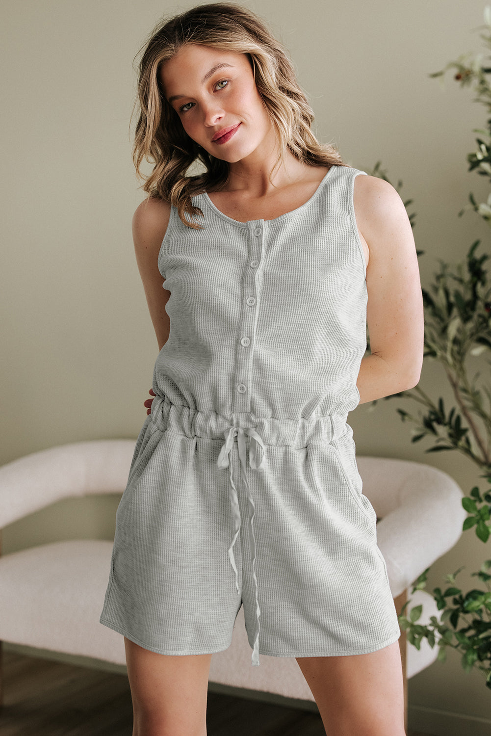 Light Grey Waffle Knit Sleeveless Buttoned Front Drawstring Waist Romper eAura