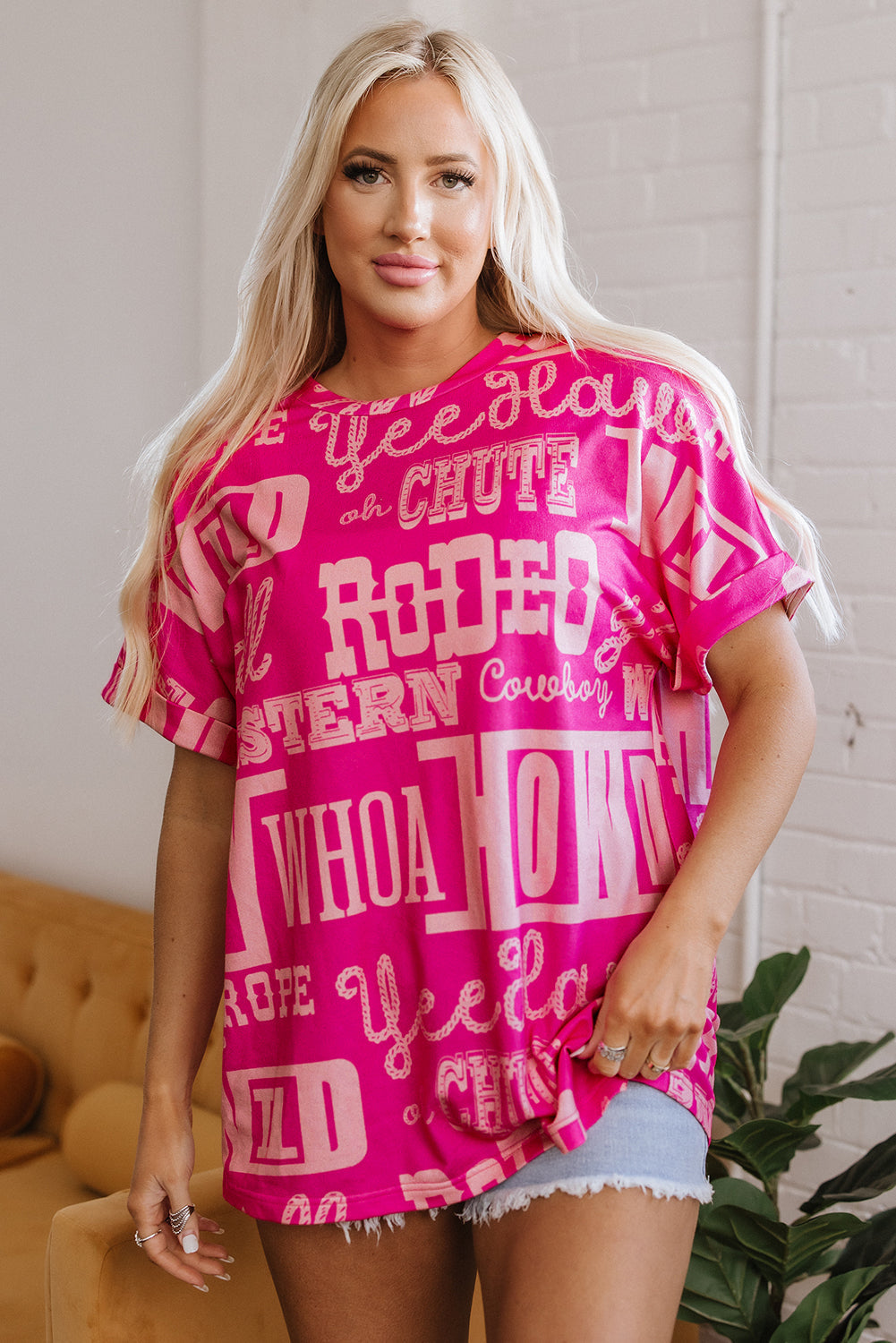 Rose Howdy Cowboy Letter Printed Western Fashion Tee eAura