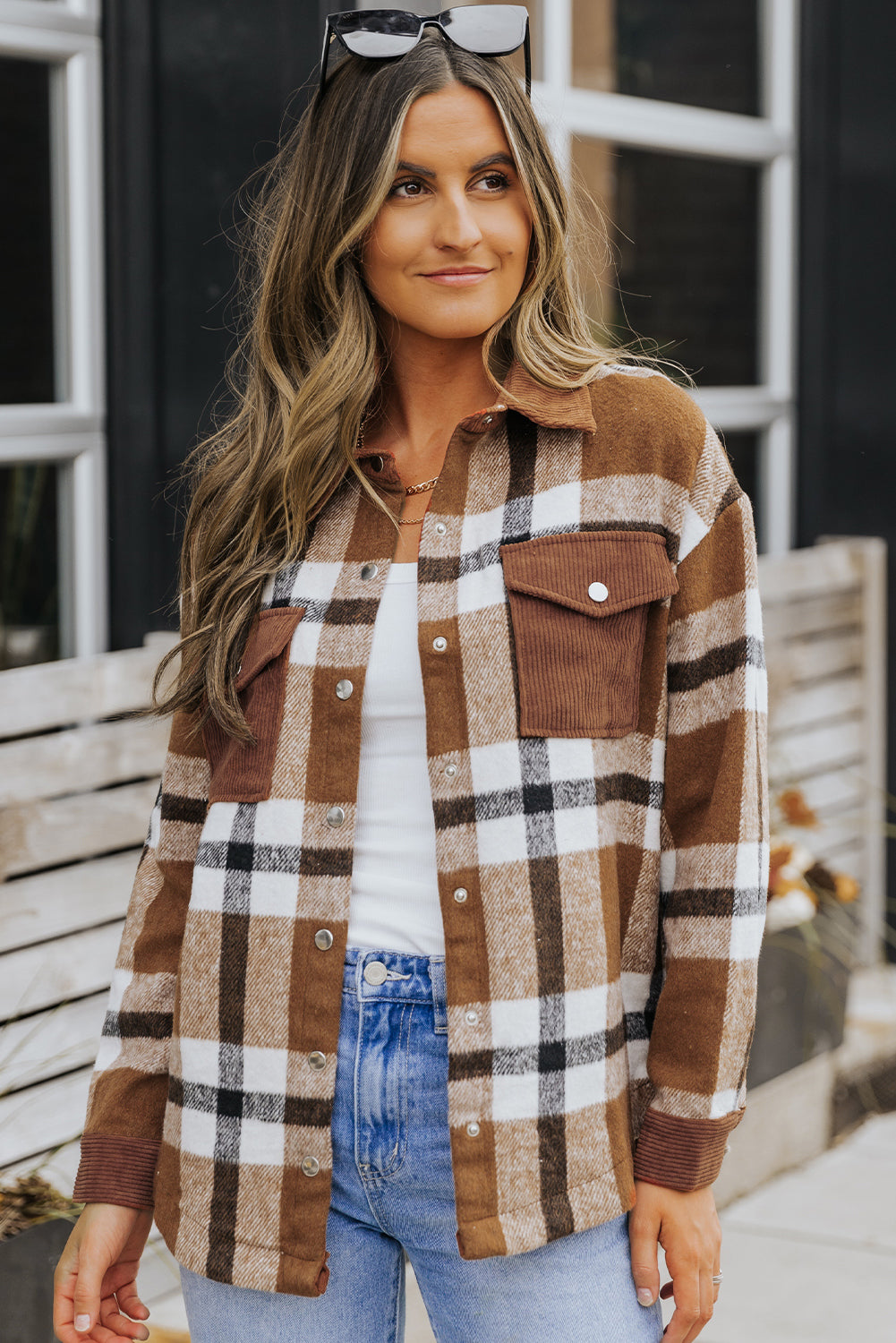 Brown Pocketed Buttoned Plaid Shirt Jacket Beagle Boutique Fashion Outlet
