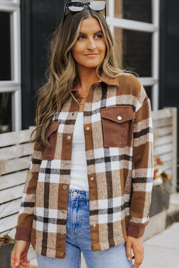 Brown Pocketed Buttoned Plaid Shirt Jacket Beagle Boutique Fashion Outlet