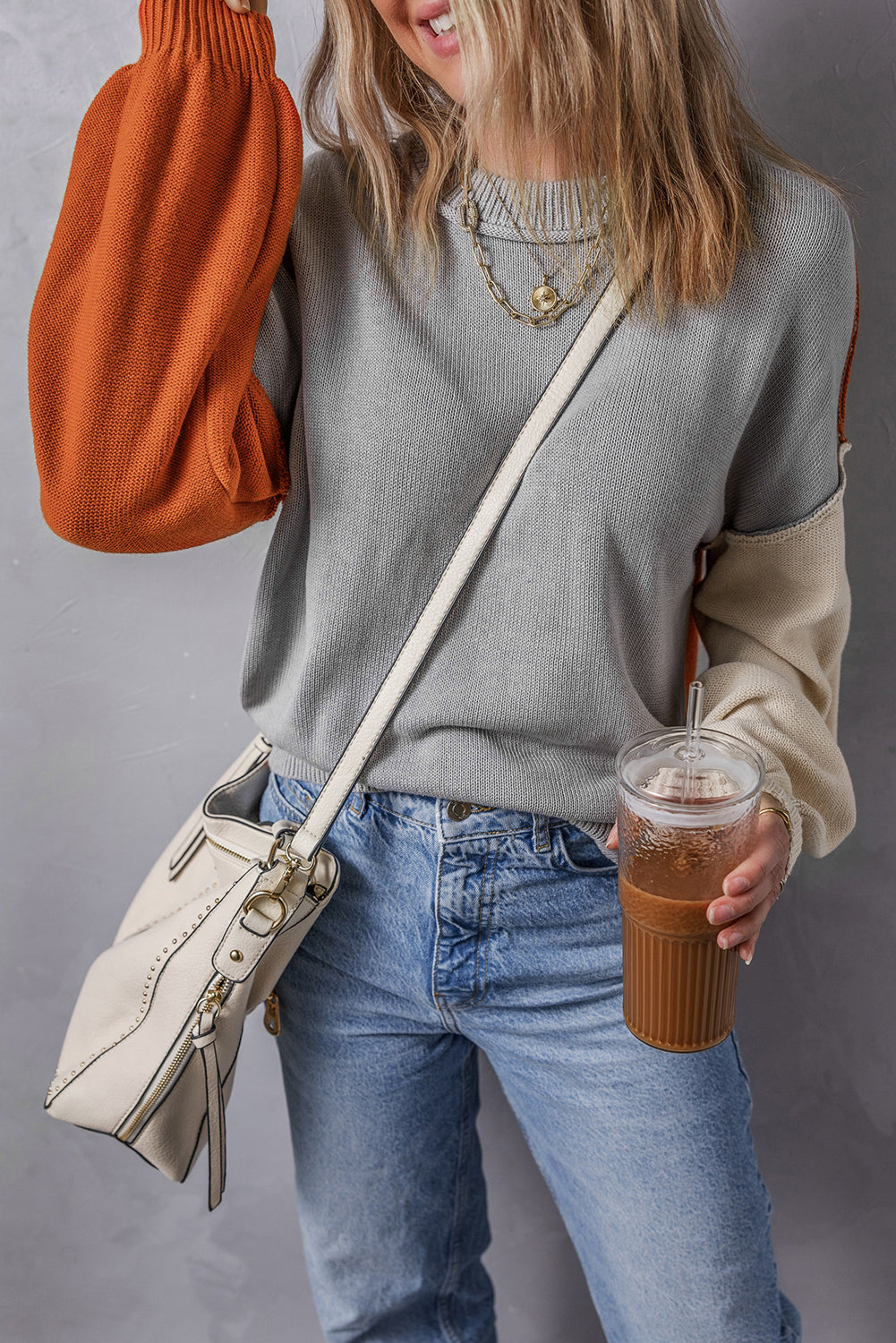Pink Colourblock Bishop Sleeve Ribbed Trim Sweater eAura