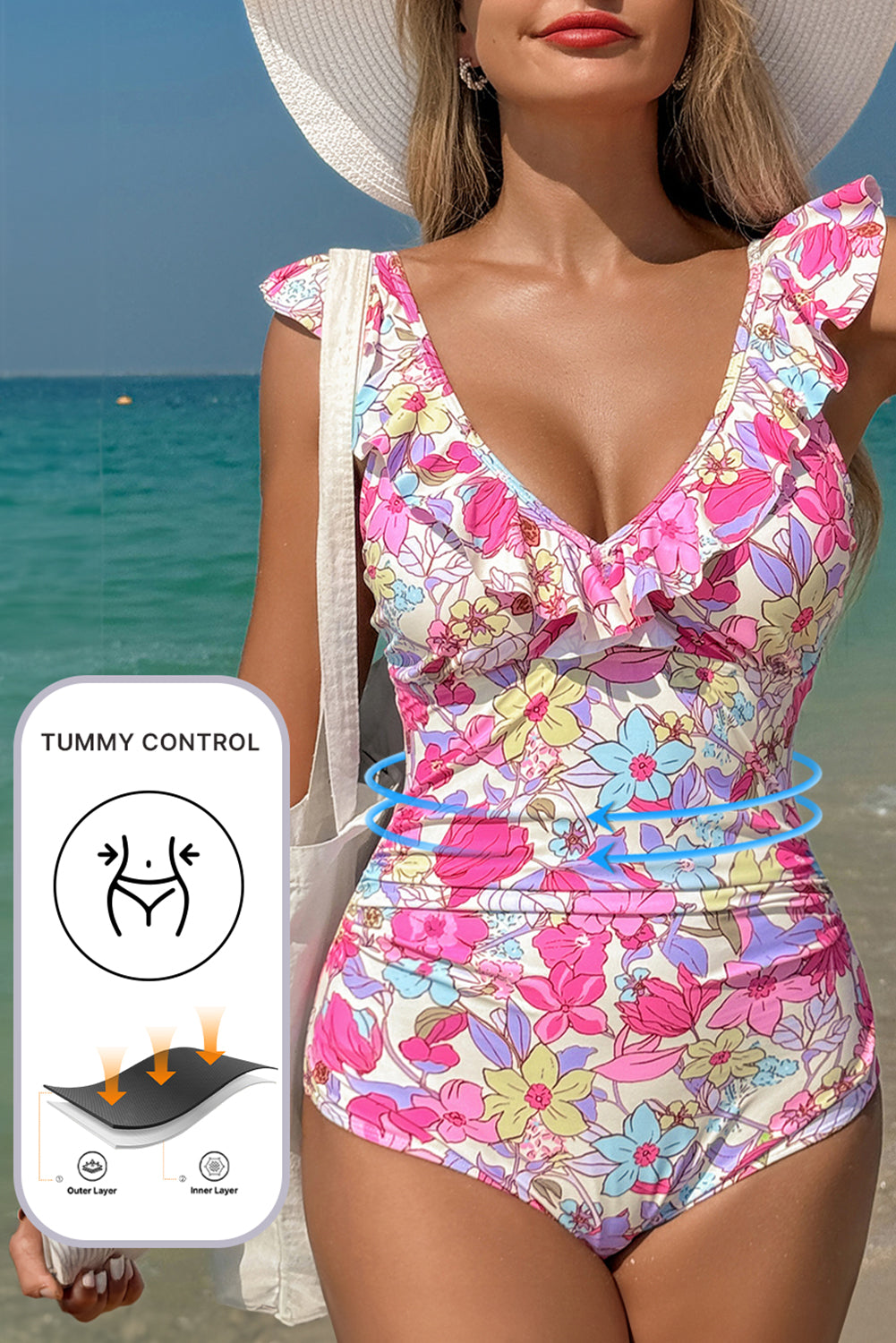 Pink Floral Ruffle Trim V Neck Lace-up Back Tummy Control One Piece Swimsuit eAura