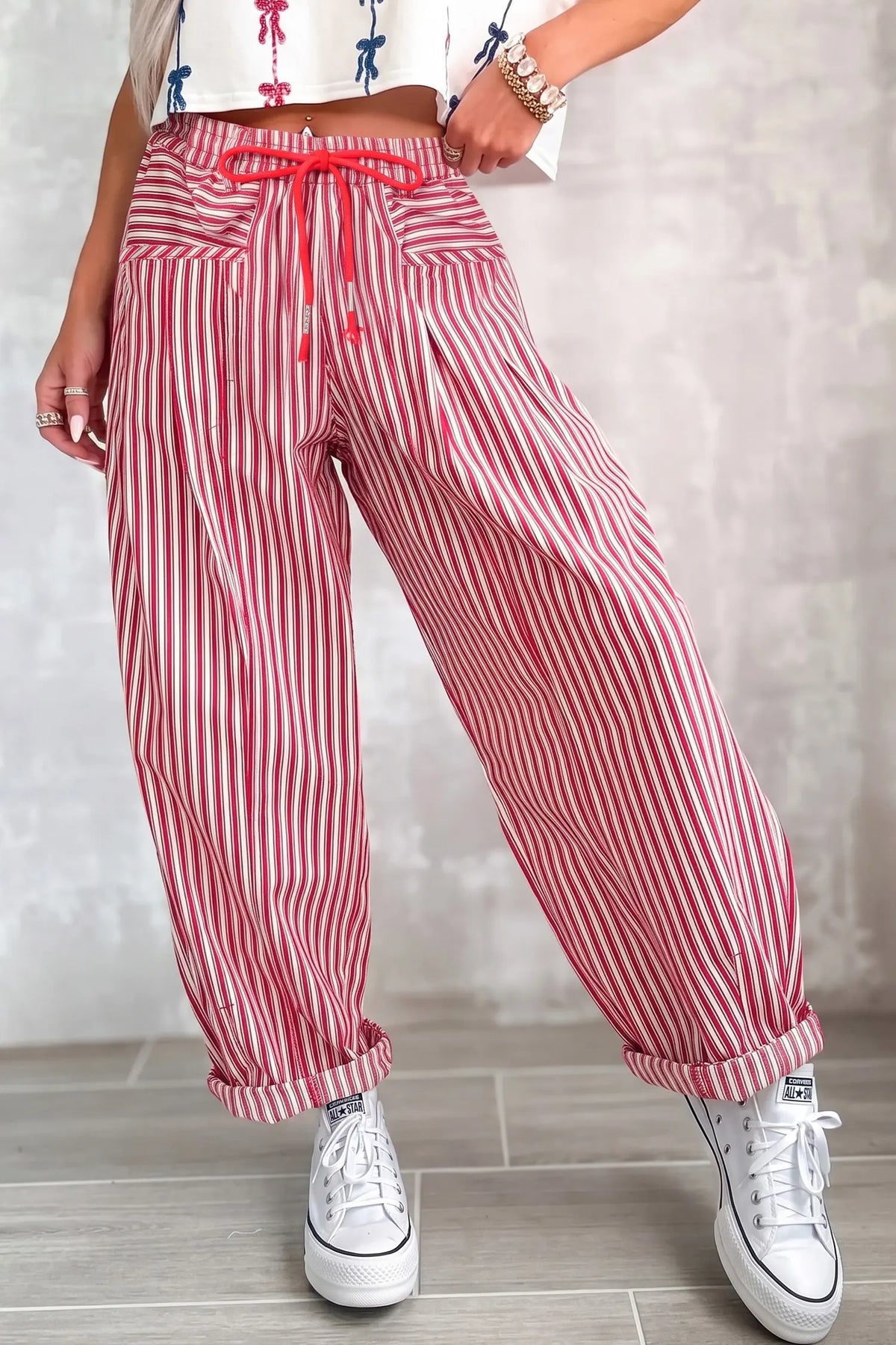 Drawstring Casual Loose Pants – Red Stripe