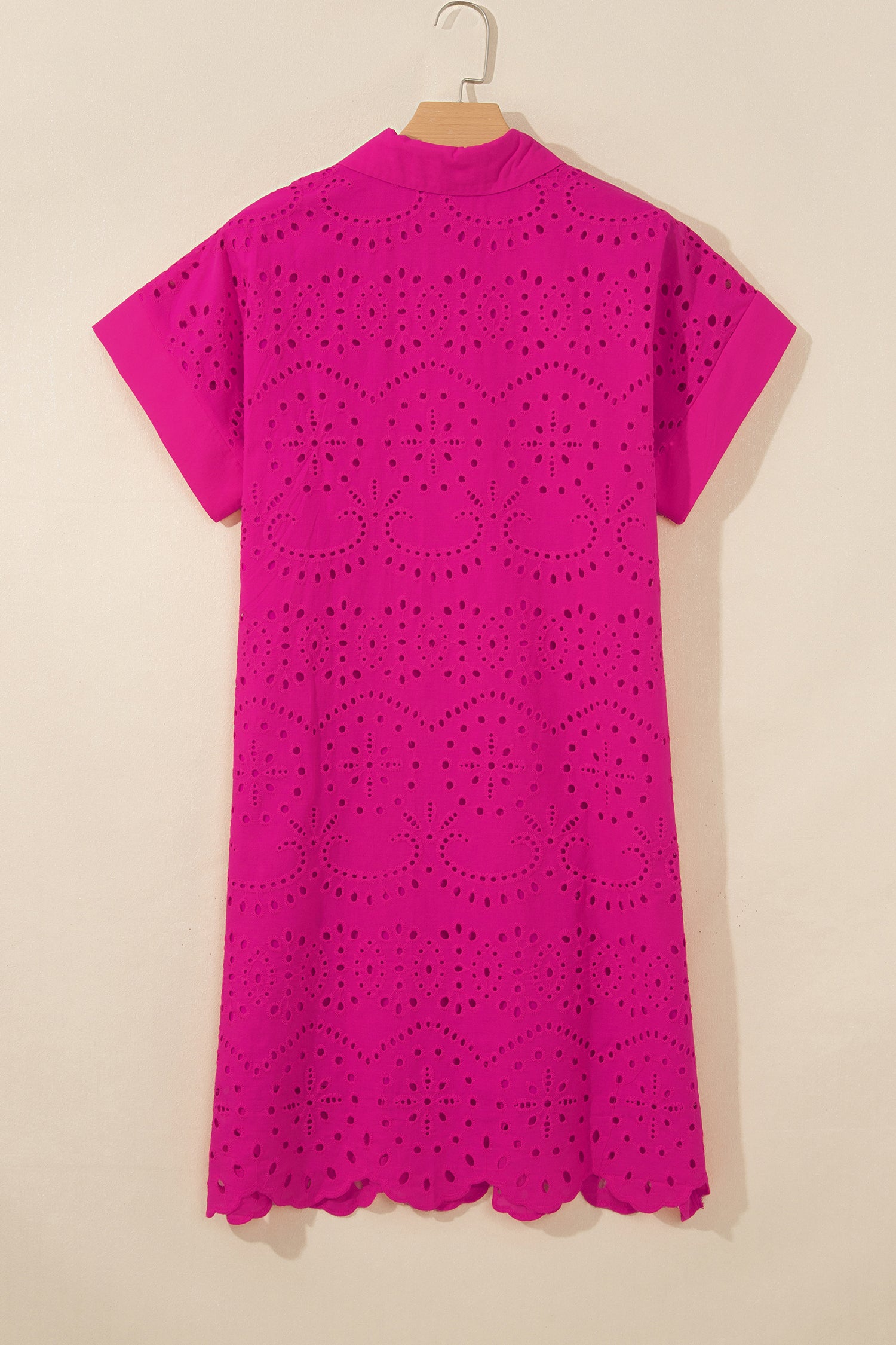 Solid Color Eyelet Embroidered T Shirt Mini Dress – Rose Red