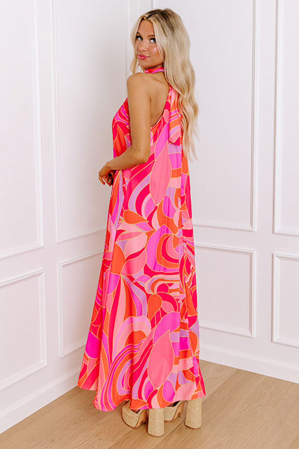 Rose Abstract Printed High Neck Knotted Nape Sleeveless Maxi Dress eAura