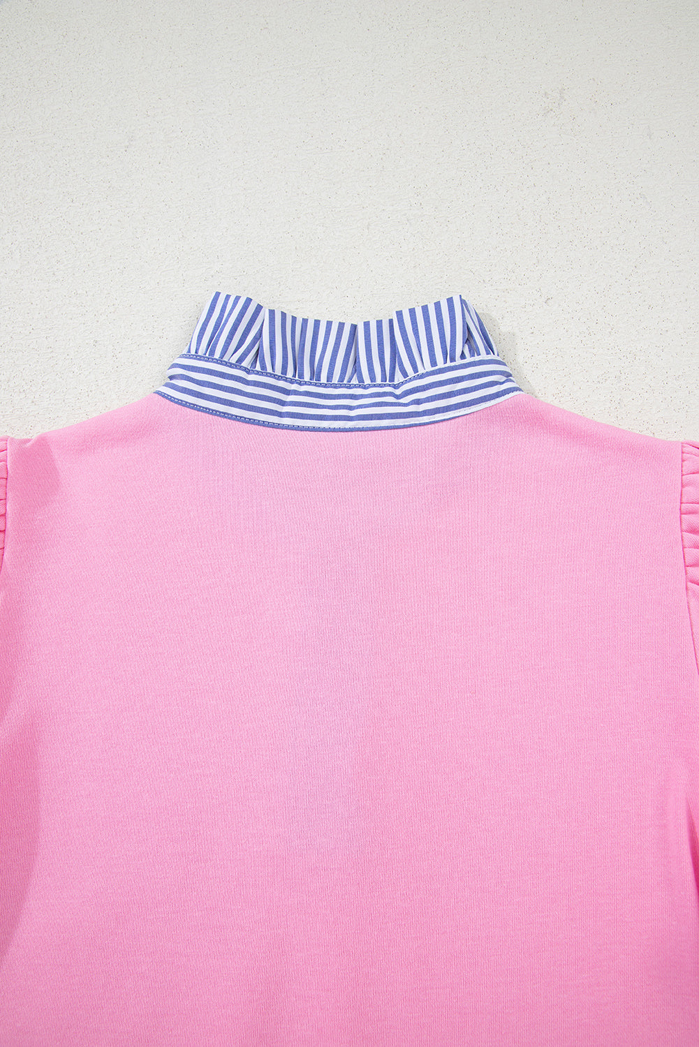 Button Striped Collar Patchwork Puff Sleeve Sweatshirt - eAura
