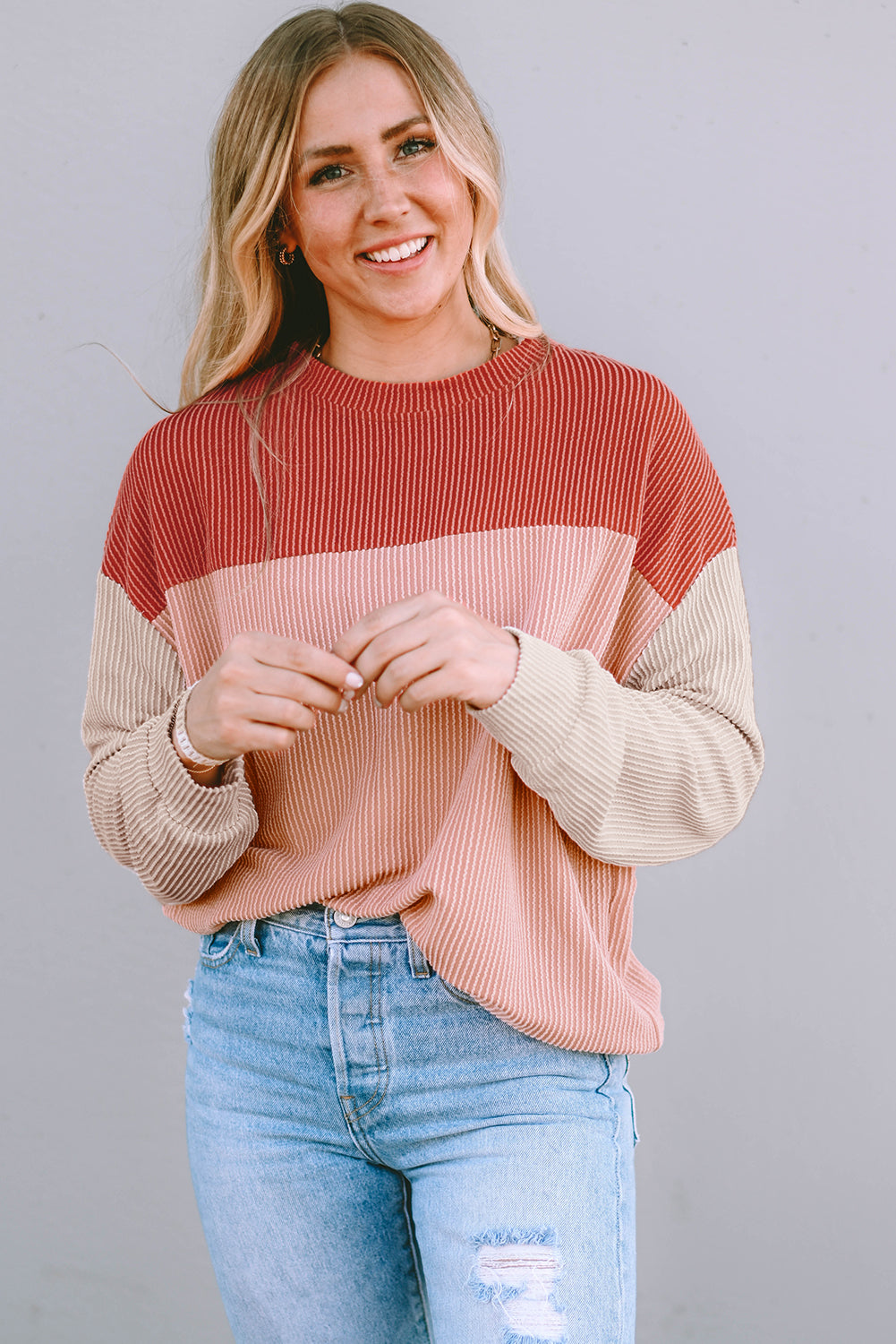 Multicolour Colour Block Long Sleeve Ribbed Loose Top eAura