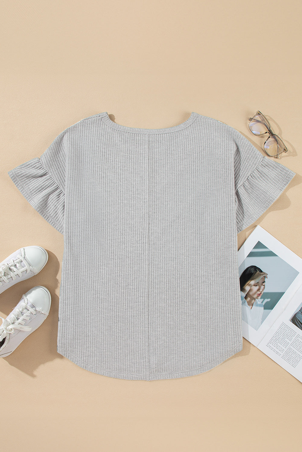 Light Grey Lace Insert Waffle Ruffle Short Sleeve Plus Size Top BB Fashion Outlet