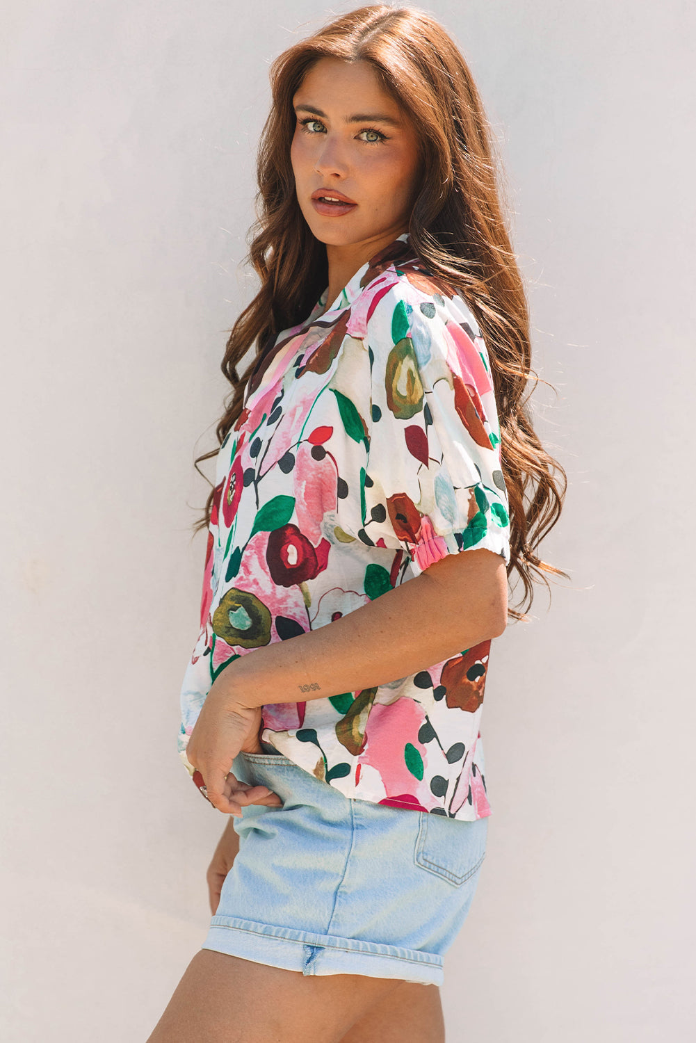 Pink Floral Print Slit V Neck Short Sleeve Blouse eAura