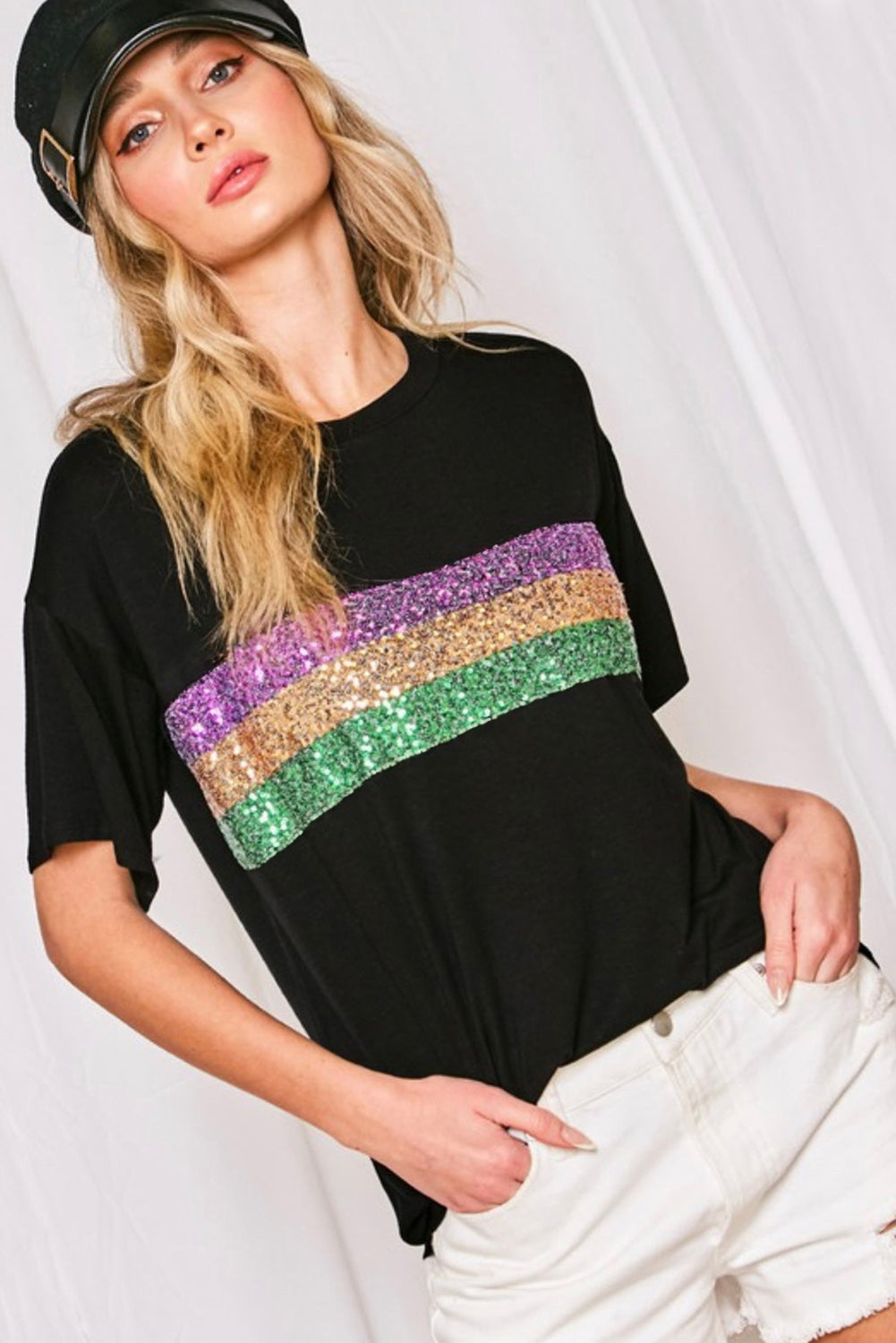 Black Sequin Stripes Patchwork Mardi Gras Crew Neck T Shirt eAura