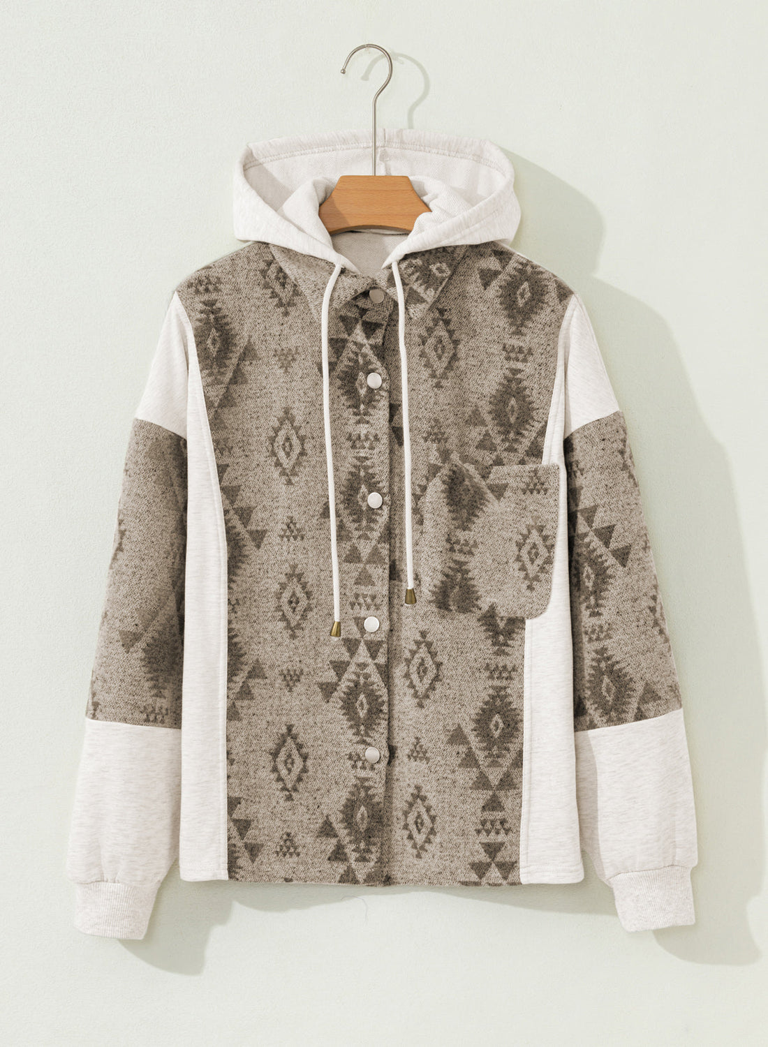Western Aztec Print Patchwork Drawstring Hooded Shacket - eAura