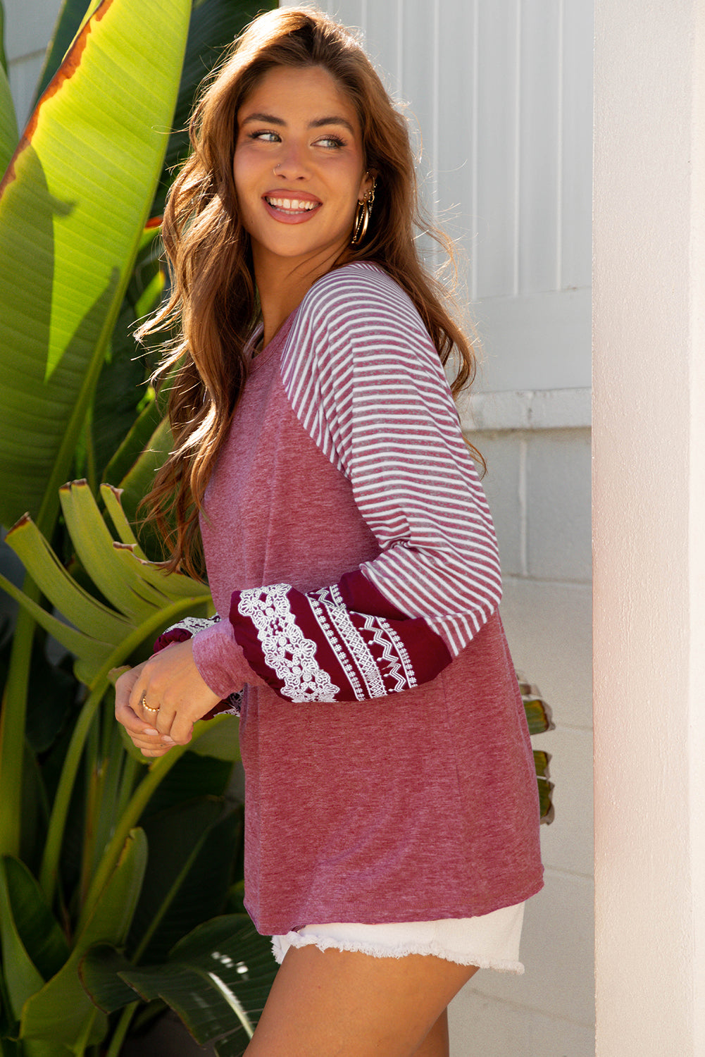 Contrast Print Striped Raglan Long Sleeve Loose Top - eAura