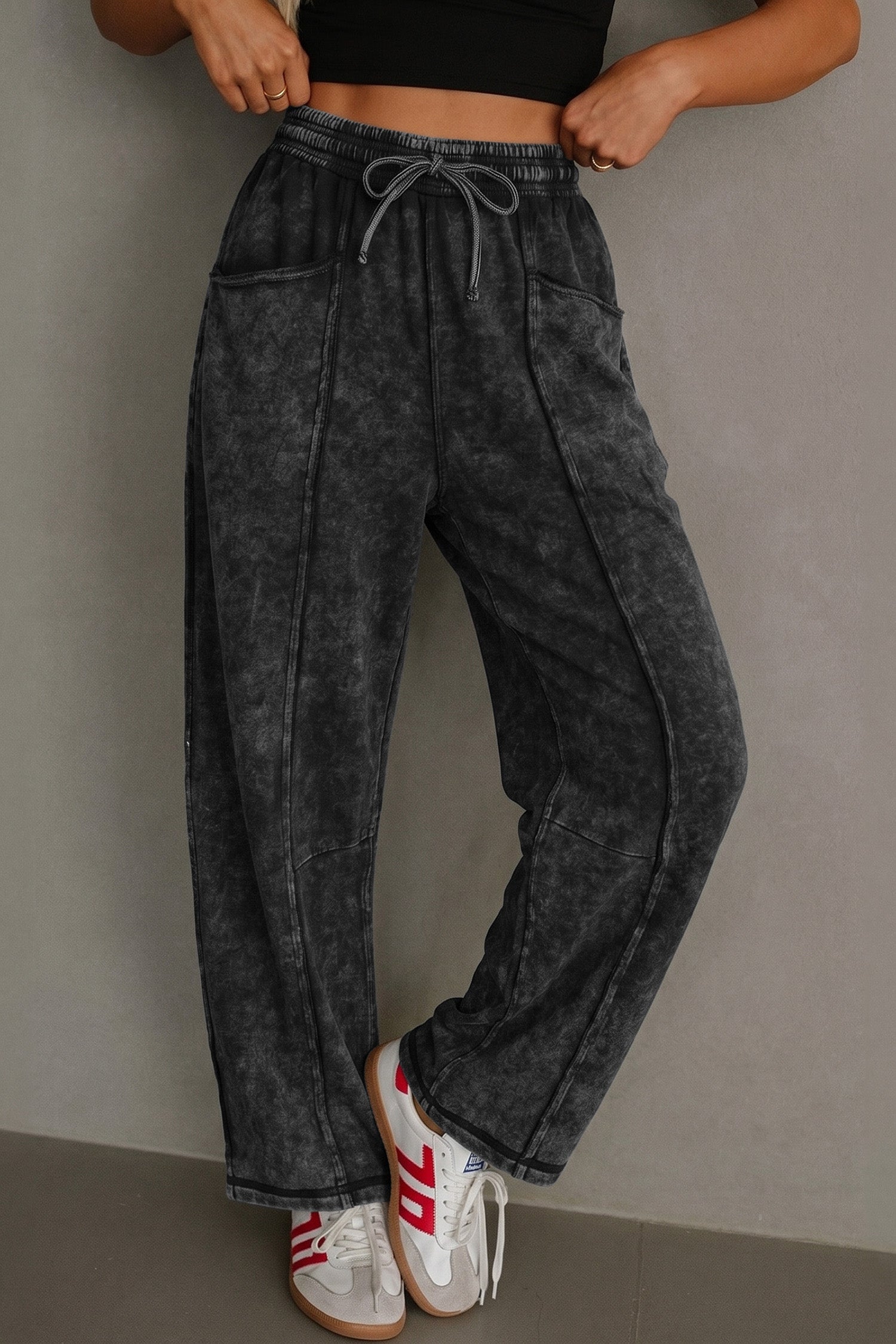 Mineral Wash Raw Seam Drawstring Elastic Waist Barrel Pants – Black