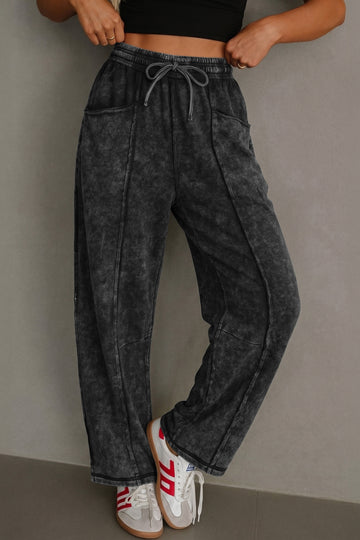 Mineral Wash Raw Seam Drawstring Elastic Waist Barrel Pants – Black