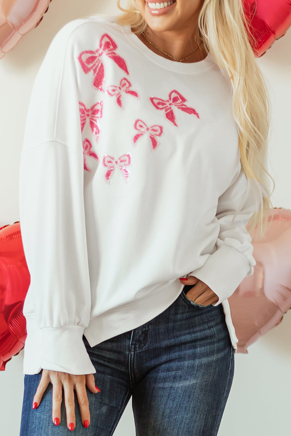 White Sequin Bowknot High Low Oversize Sweatshirt eAura