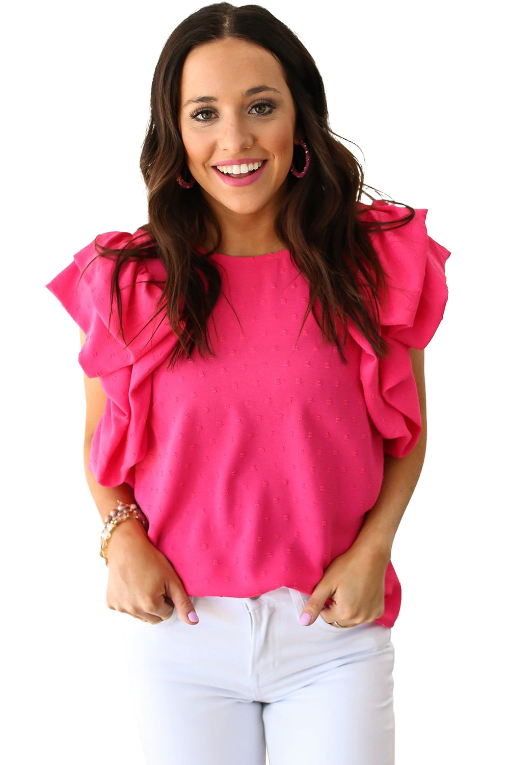 Rose Red Ruffled Sleeve Swiss Dot Blouse BB Fashion Outlet