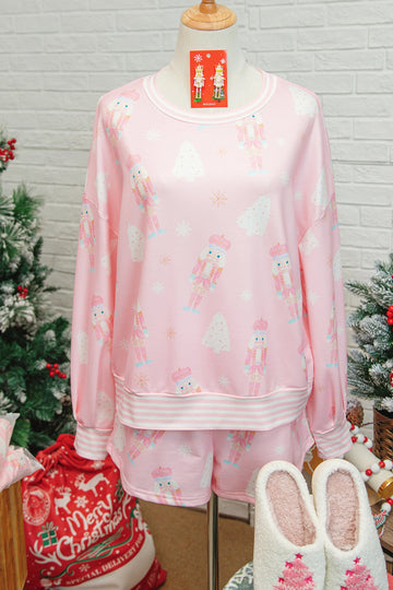 Pink Christmas Tree Nutcracker Doll Print Contrast Trim Long Sleeve Top Matching Shorts Set - S - Two Piece Sets/Short