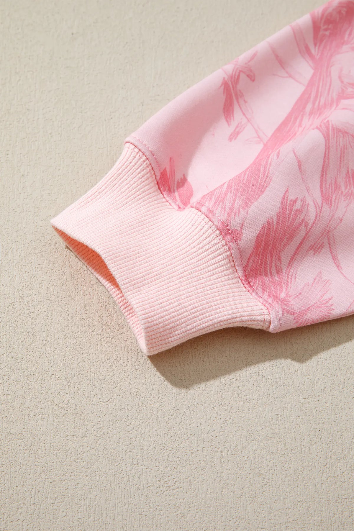 Abstract Print Ribbed Crewneck Long Sleeve Top Elastic Waist Short Set – Pink
