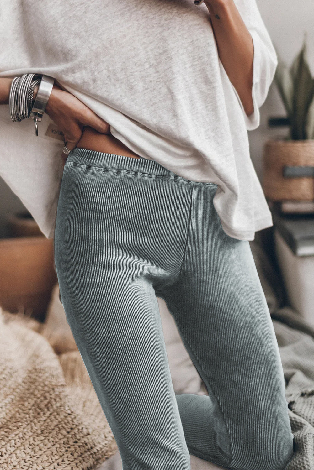 Dark Grey Vintage Wash Ribbed Leggings Beagle Boutique Fashion Outlet