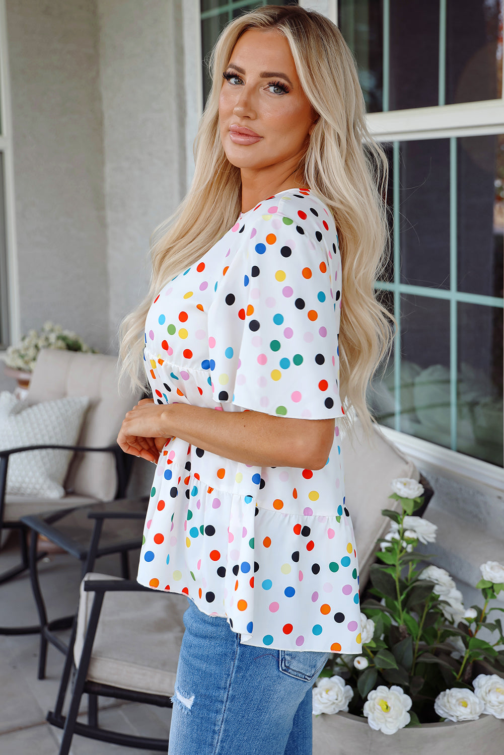 White Colourful Polka Dot Short Sleeve Tiered Ruffled Babydoll Blouse eAura
