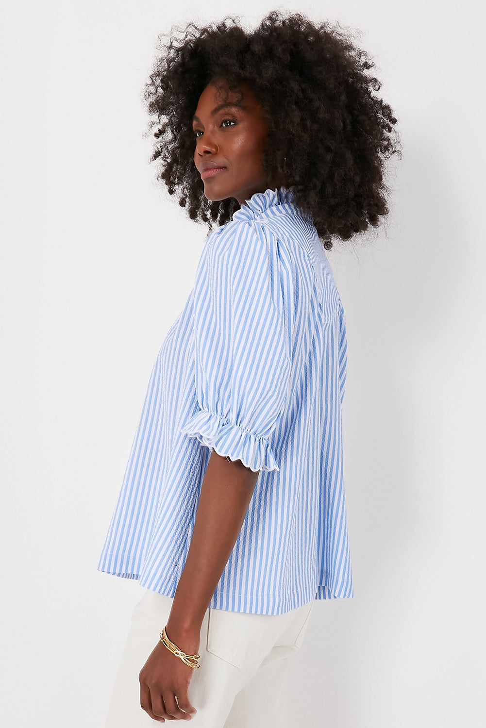 Blue Stripe Ruffled Collar Puff Sleeve Half Buttons Blouse eAura