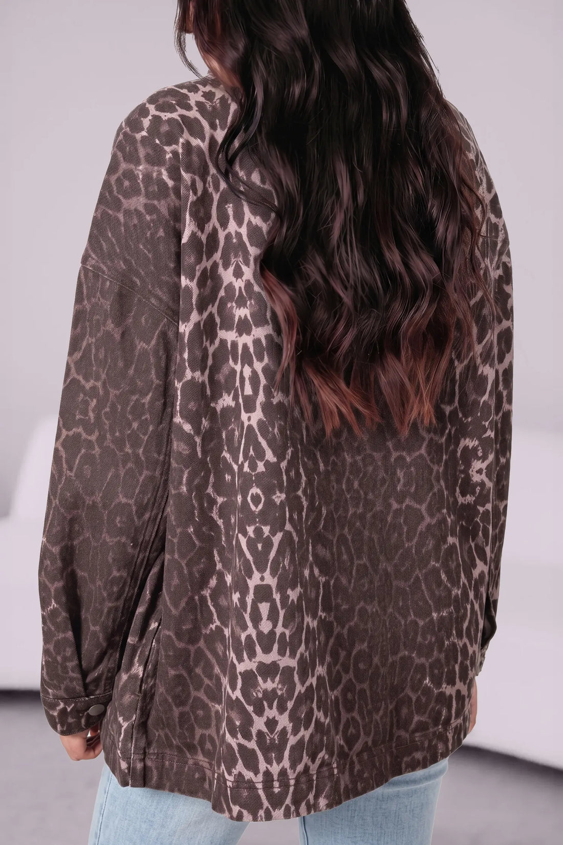 Oversized Leopard Print Long Sleeve Patch Pocket Denim Jacket – Khaki