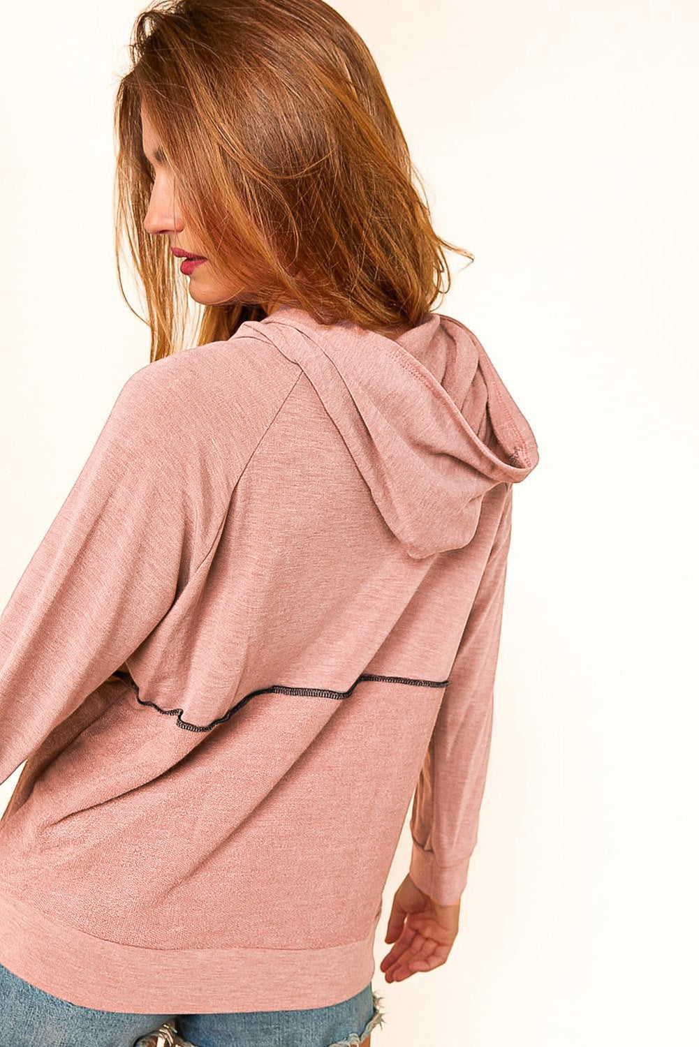 Pink Buttons Front Princess Line Out Seam Hoodie eAura