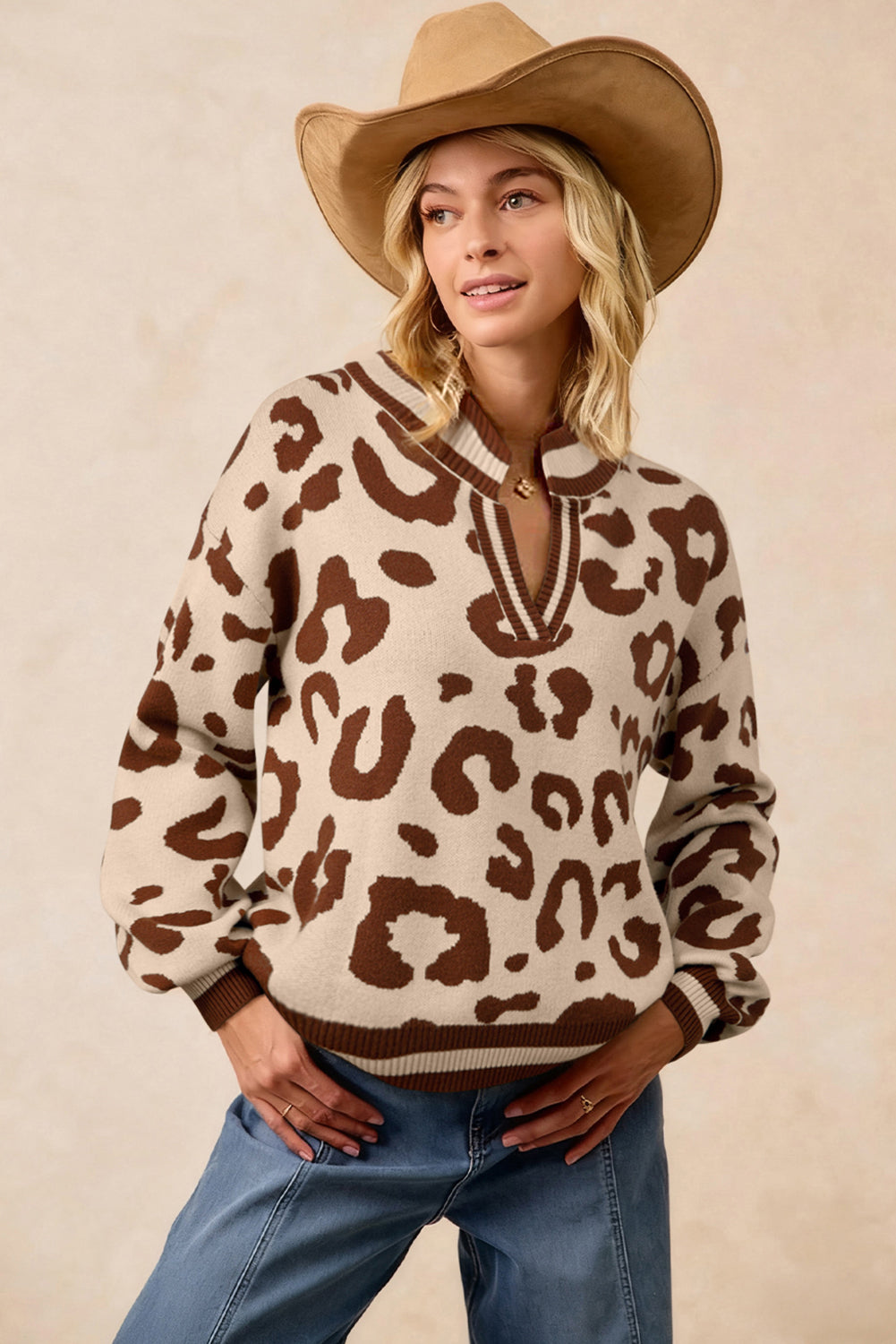 Beige Leopard Printed Knit V-Neck Casual Sweater - eAura