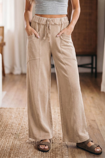 Mineral Wash Drawstring Retro High Waist Wide Leg Western Pants – Smoke Gray
