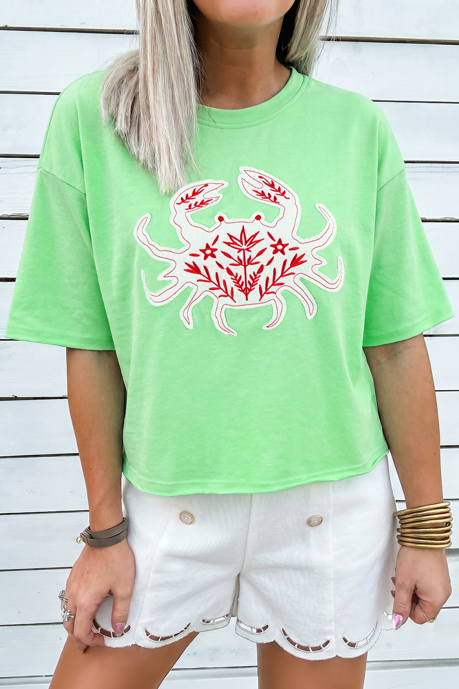 Crab Embroidered Patch Loose Round Neck Tee – Bright Green
