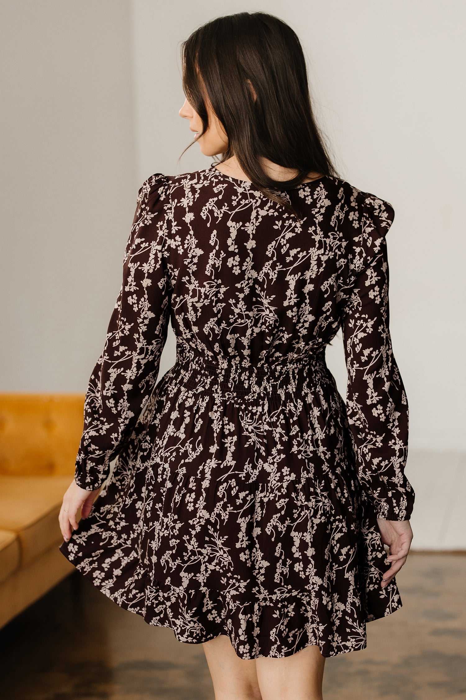 Ditsy Floral Print Split Neck Long Sleeve Shirred Waist Flared Mini Dress - Dresses/Mini Dresses