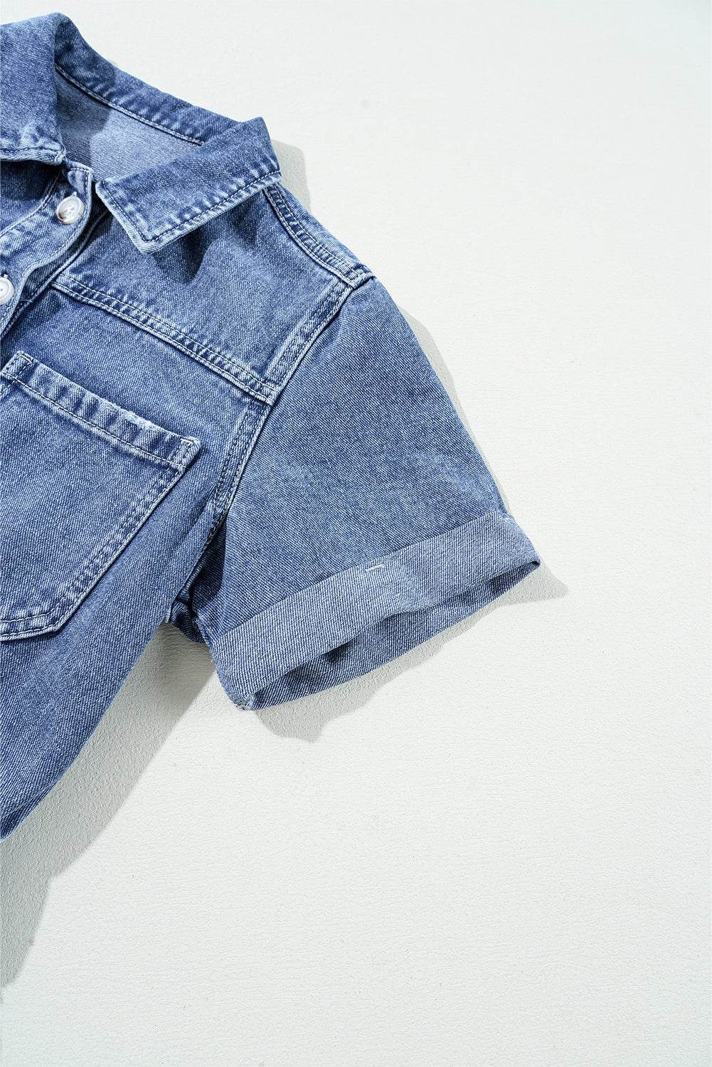 Dusk Blue Chest Pocket Front Buttoned Folded Edge Denim Short Sleeve Romper eAura