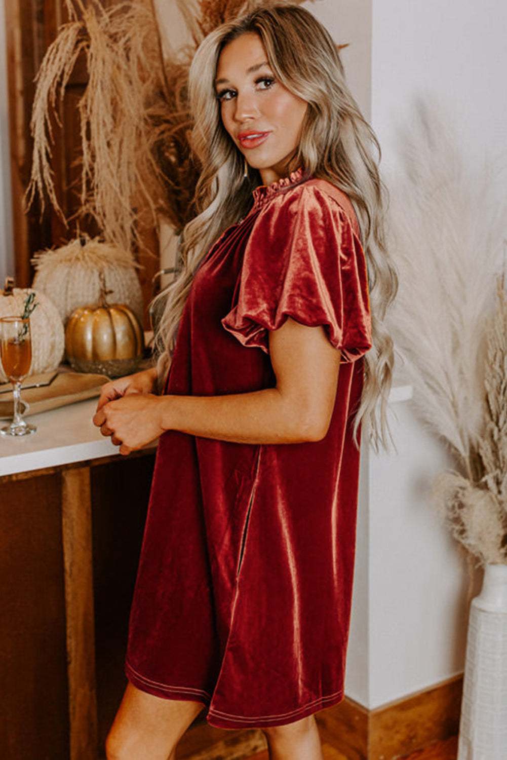 Cinnamon Velvet Smocked Neckline Puff Sleeve Shift Mini Dress eAura