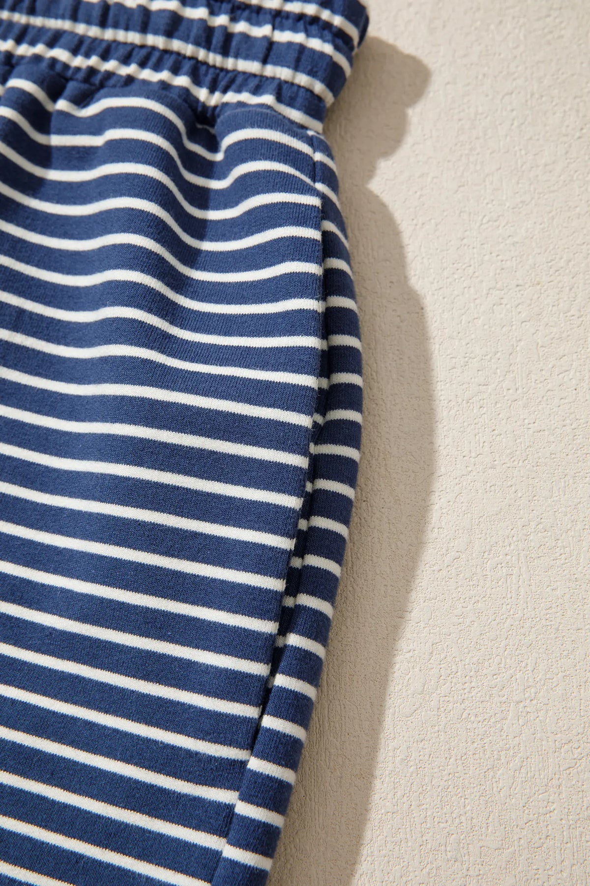 Ribbed Patchwork Mock Neck Baggy Pullover Matching Shorts Set – Blue Stripe