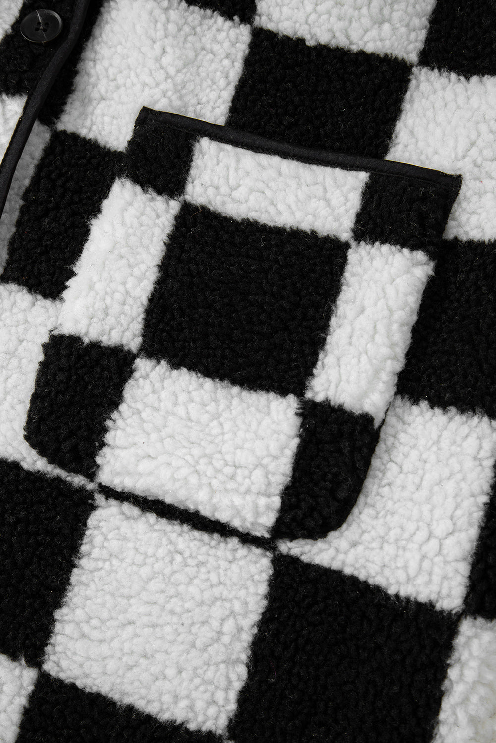 Black Checkered Side Pockets Collared Buttoned Fleece Jacket eAura