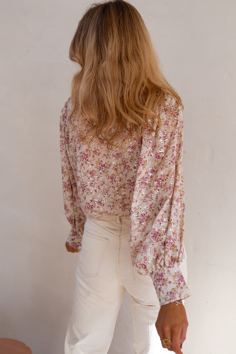 Pink Floral Print Bishop Sleeve Collared V Neck Shirt BB Fashion Outlet