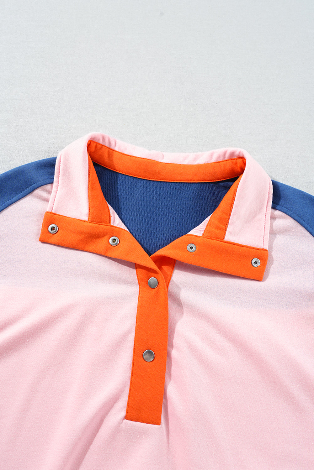 Gossamer Pink Colour Block Half Buttoned Ruffled Short Sleeve T Shirt eAura