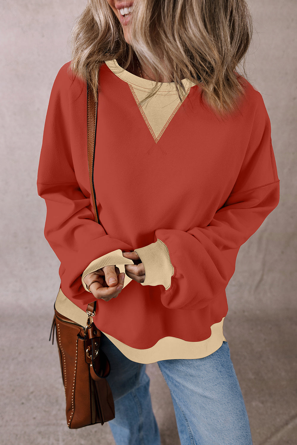 Red Clay Colour Block Patch Drop Shoulder Oversized Sweatshirt eAura