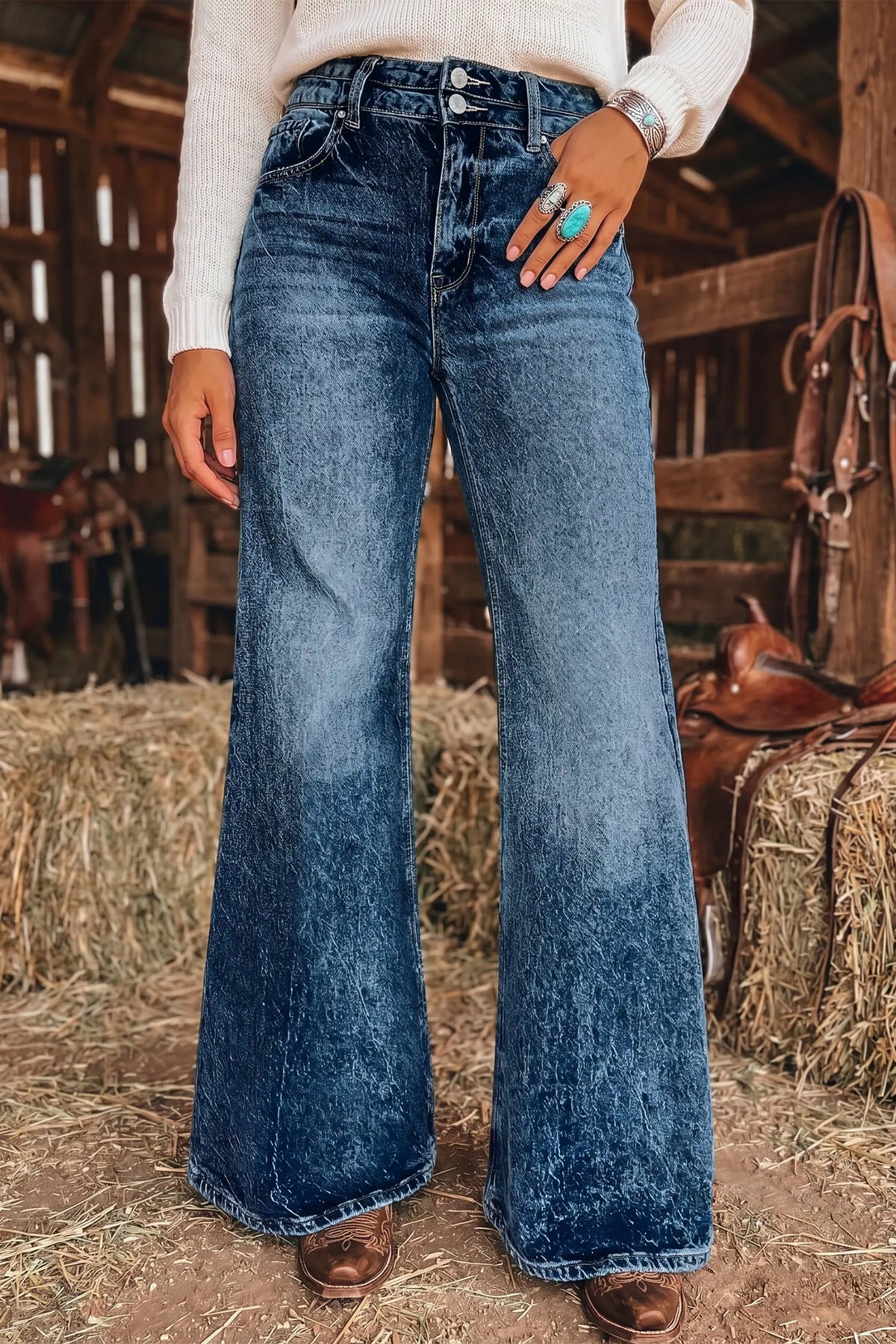 Acid Wash Pocket Detail Flare Jeans – Sail Blue