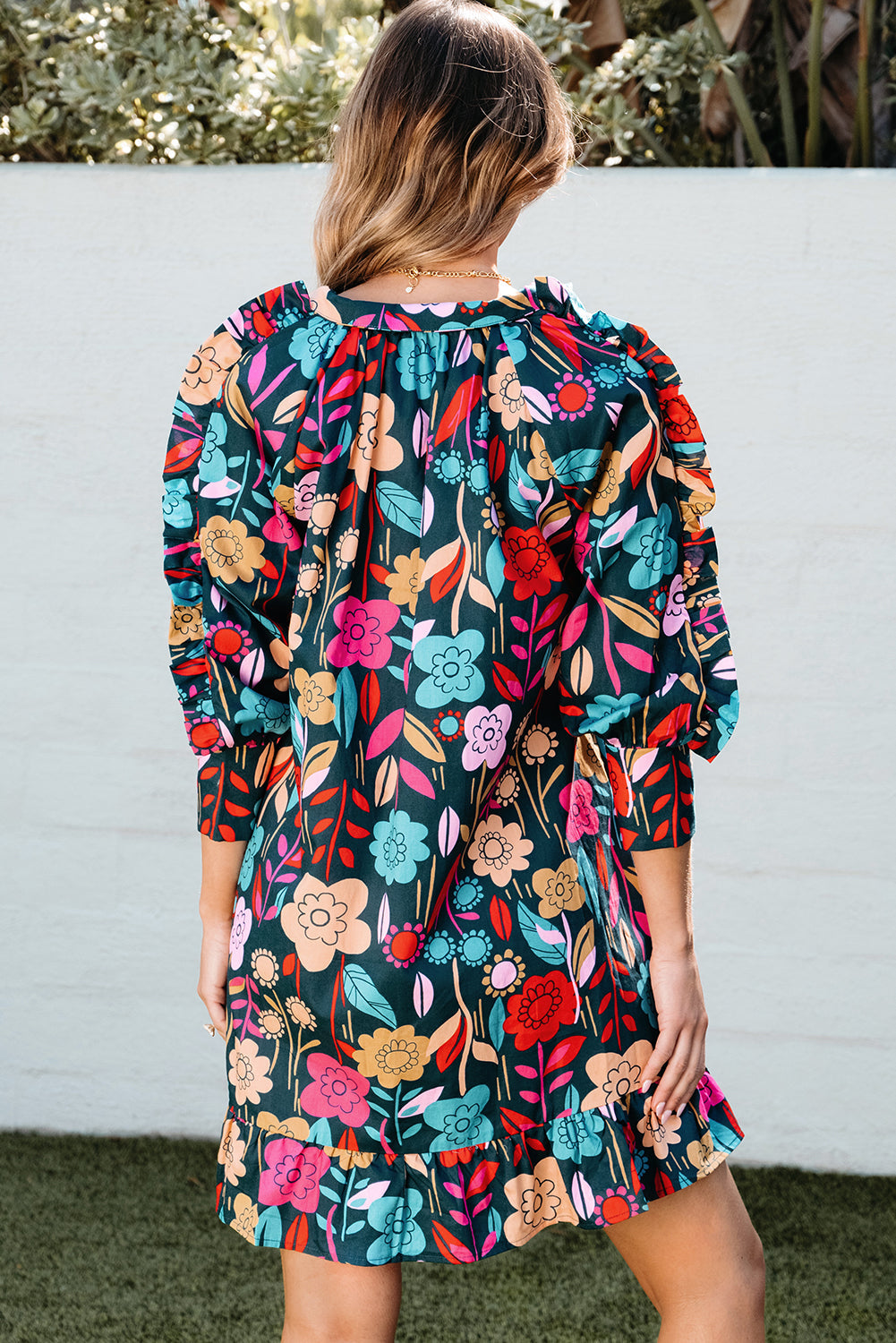 Green Floral Print Puff Sleeve Ruffled Mini Dress BB Fashion Outlet