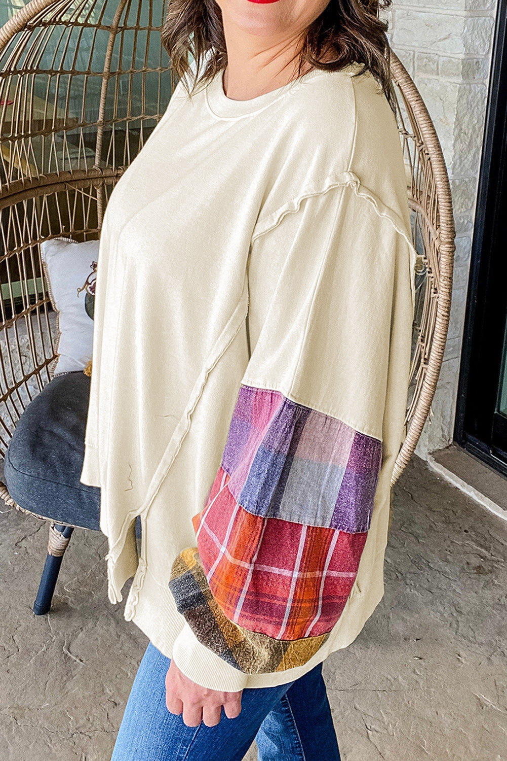 Beige Plus Size Patchwork Sleeve Pullover Top eAura