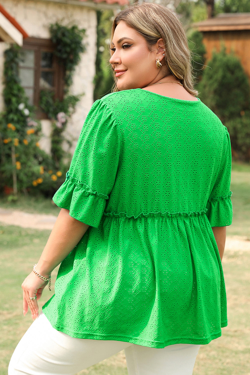 Green Textured Frilled Short Sleeve Plus Size Babydoll Blouse BB Fashion Outlet