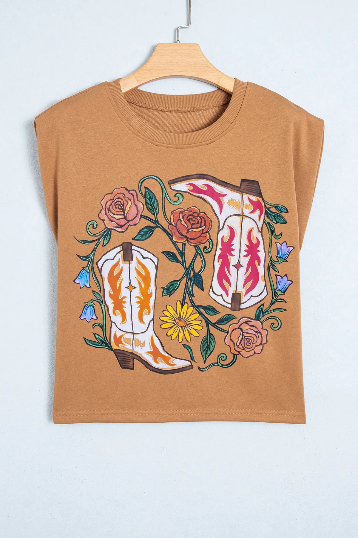 Western Boots Flower Printed Sleeveless Loose Tank Top – Camel