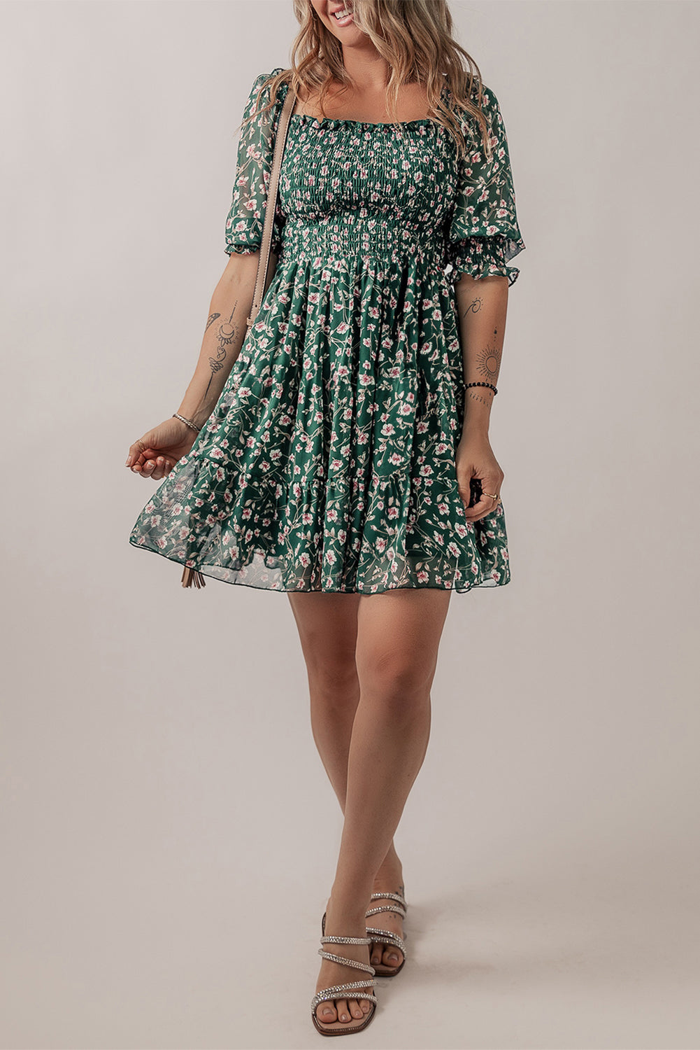 Green Smocked Square Neck Puff Short Sleeve Floral Dress eAura