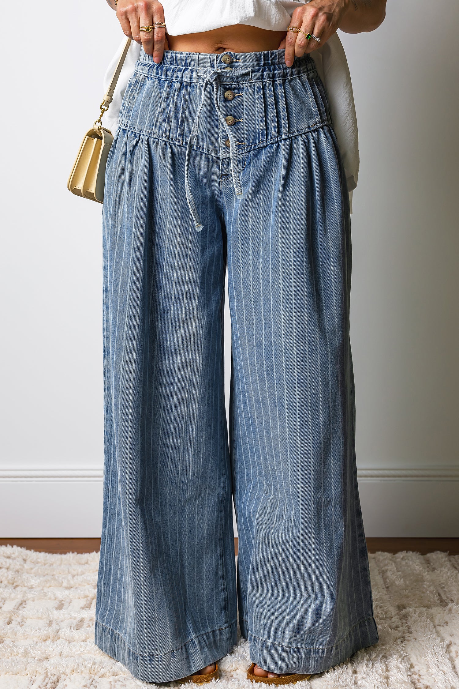 Stripe Button Pleated Drawstring Waist Wide Leg Jeans - Bottoms/Jeans/WideLeg