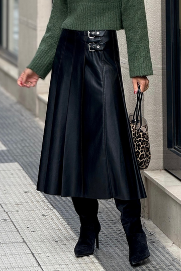 Black Faux Leather Retro Buckle Detail Pleated Stitch Flared Midi Skirt Dear-Lover Dropshipping